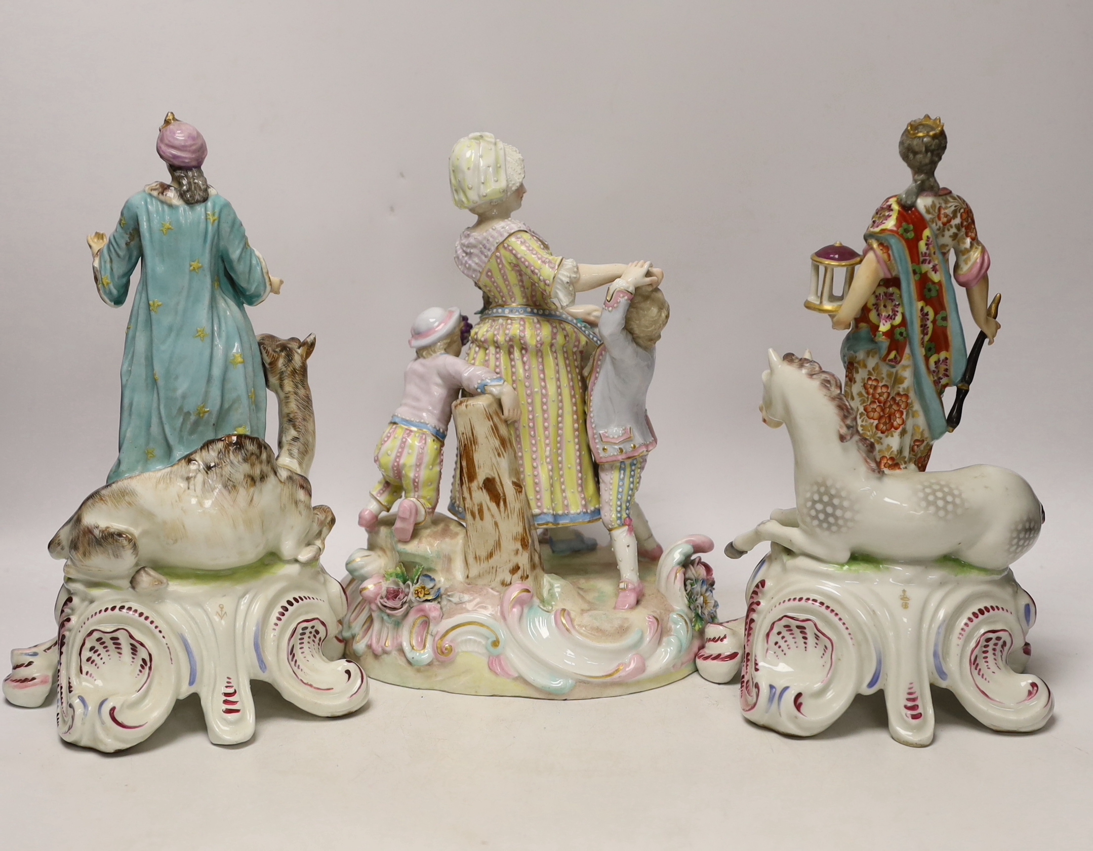 Three 19th century Continental porcelain figure groups, largest 27cm high, to emblematic of two of the continents